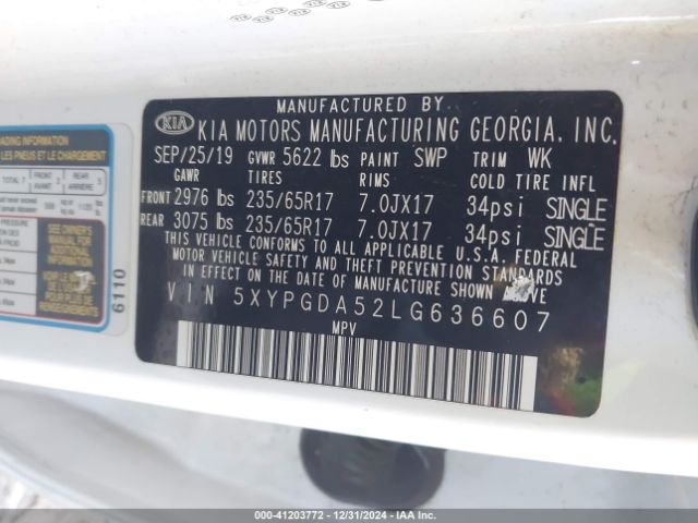 5XYPGDA52LG636607 KIA Sorento 3.3l Lx