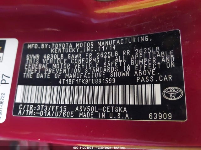 Toyota CAMRY SE 2015 4T1BF1FK9FU891599 Image 9