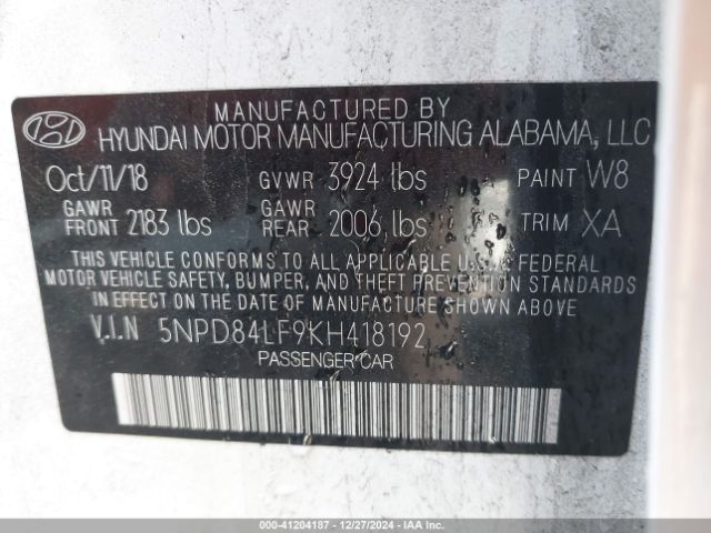 5NPD84LF9KH418192 Hyundai Elantra Value Edition