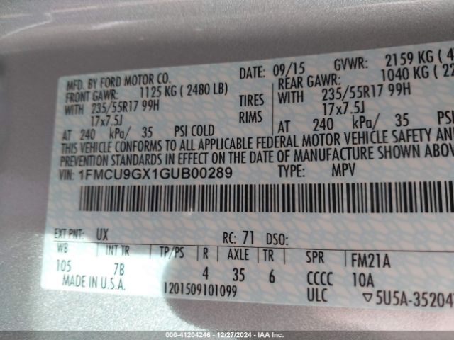 1FMCU9GX1GUB00289 Ford ESCAPE SE