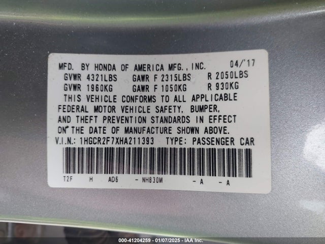 Honda ACCORD EX 2017 1HGCR2F7XHA211393 Image 9