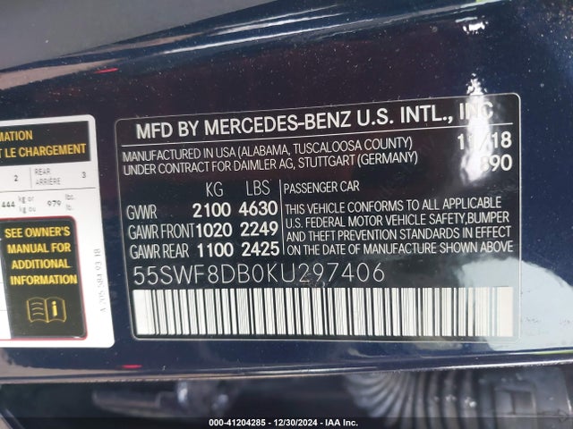 55SWF8DB0KU297406 Mercedes-Benz C 300