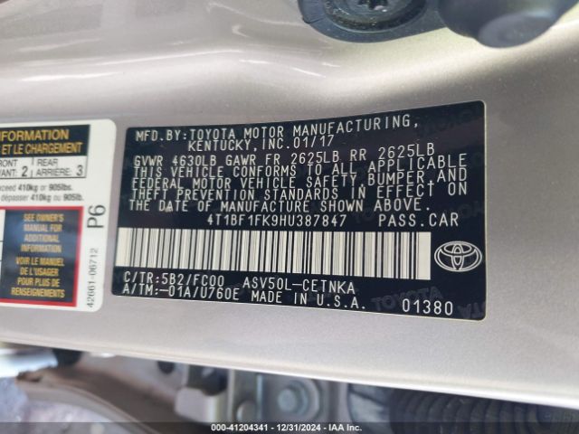 4T1BF1FK9HU387847 Toyota CAMRY LE