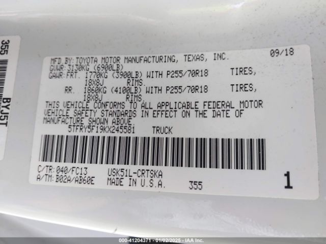 5TFRY5F19KX245581 Toyota Tundra Sr5 5.7l V8