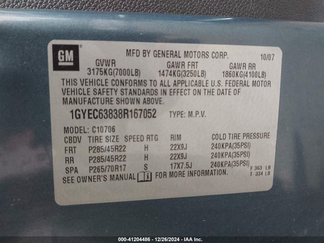 2008 CADILLAC ESCALADE 1GYEC63838R167052 Photo 8