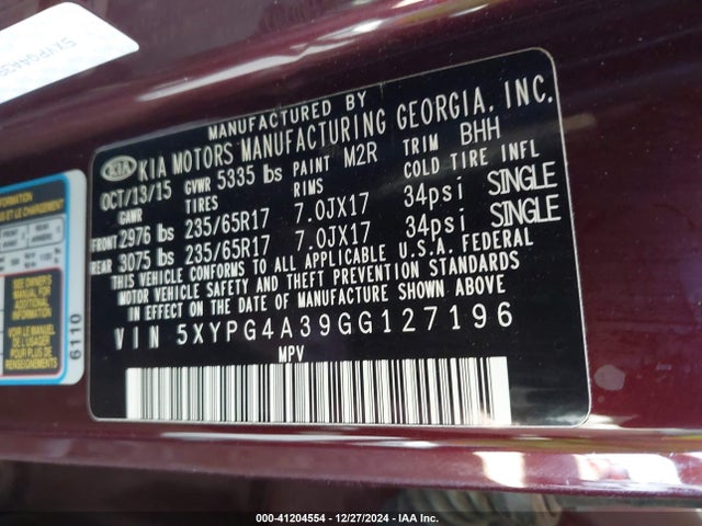 KIA Sorento 2.4l Lx 2016 5XYPG4A39GG127196 Image 9