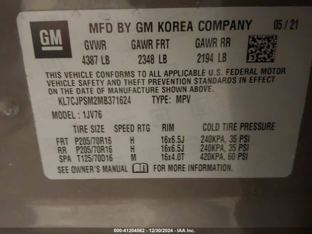 KL7CJPSM2MB371624 Chevrolet Trax Awd Lt
