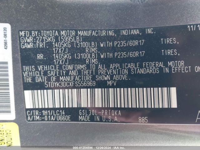 5TDYK3DCXFS556969 Toyota Sienna Xle/limited