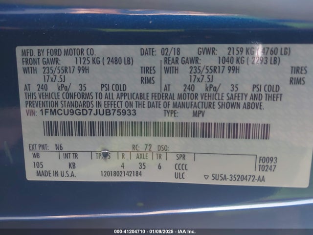 Ford ESCAPE SE 2018 1FMCU9GD7JUB75933 Image 9