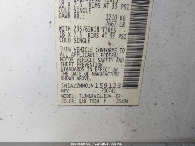 5N1AZ2MH0JN159123 Nissan MURANO SL
