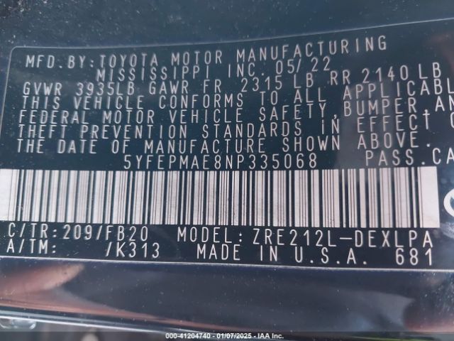 5YFEPMAE8NP335068 Toyota COROLLA LE