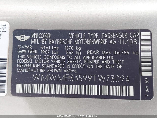2009 MINI COOPER WMWMF33599TW73094 Photo 8
