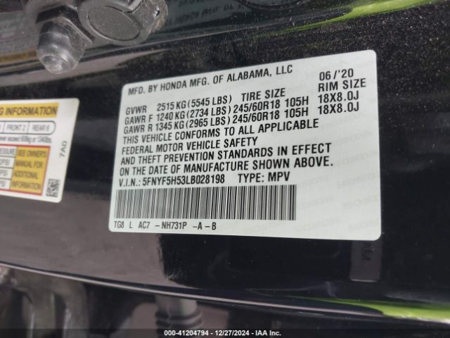 5FNYF5H53LB028198 Honda Pilot 2wd Ex-l