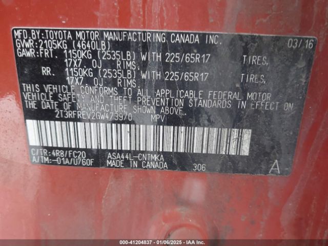 2T3RFREV2GW473970 Toyota Rav4 Xle