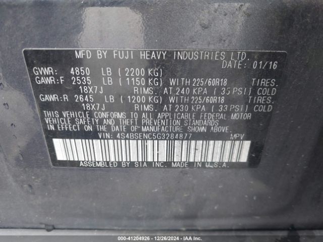 4S4BSENC5G3284877 Subaru Outback 3.6r Limited