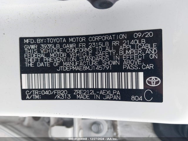 Toyota COROLLA LE 2021 JTDEPMAE8MJ145791 Image 9