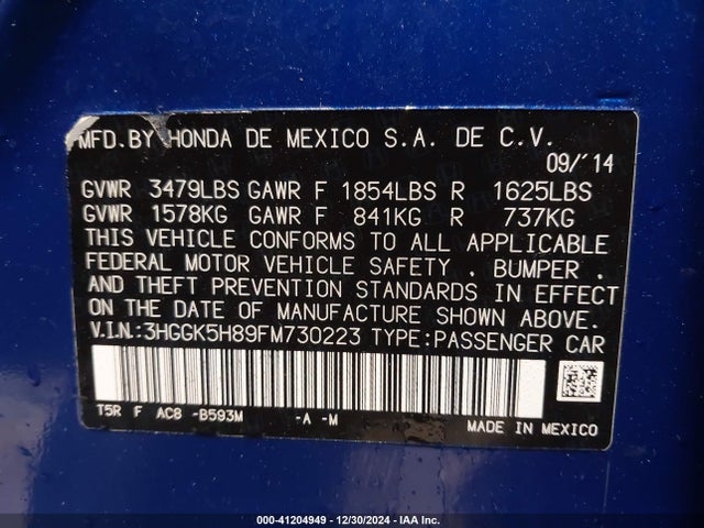 3HGGK5H89FM730223 Honda l15b1
