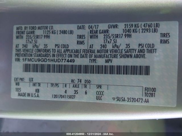 1FMCU9GD1HUD77449 Ford ESCAPE SE