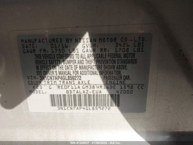 3N1CN7AP4GL859272 Nissan Versa 1.6 S+