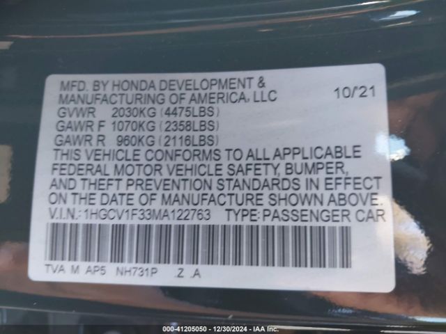 1HGCV1F33MA122763 Honda Accord Sport