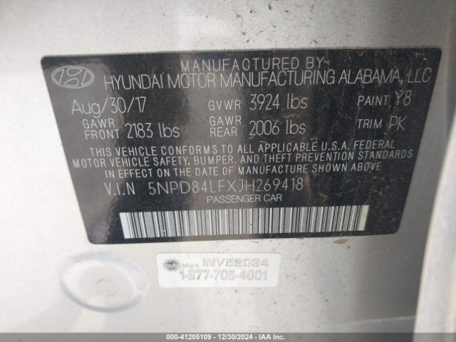 5NPD84LFXJH269418 Hyundai ELANTRA SEL