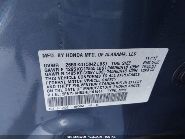 2017 Honda Pilot Ex-l მანქანა იყიდება აუქციონზე, vin: 5FNYF6H58HB101644, აუქციონის ნომერი: 41205209