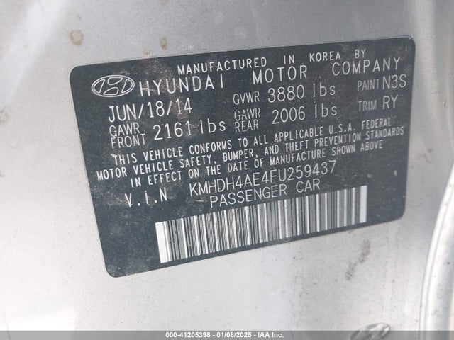 KMHDH4AE4FU259437 Hyundai ELANTRA SE