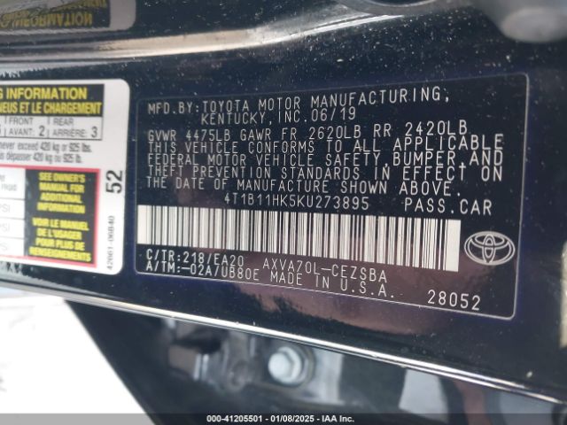 4T1B11HK5KU273895 Toyota CAMRY SE