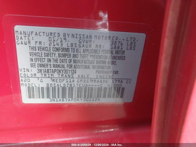 Nissan SENTRA SV 2019 3N1AB7AP0KY301124 Image 9