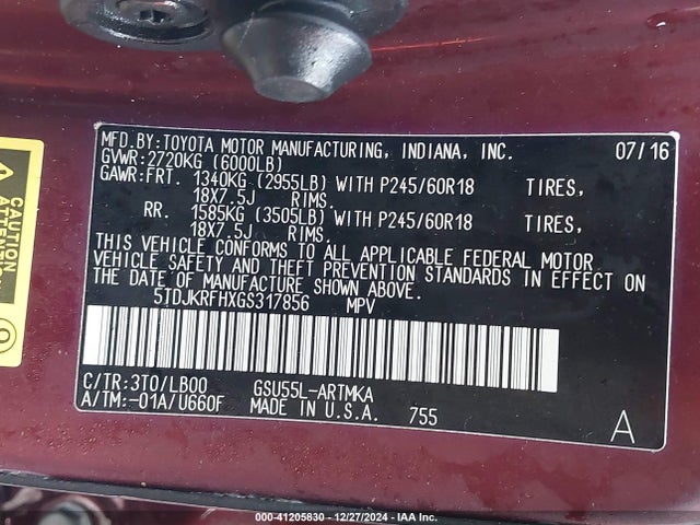 Toyota 2gr-fe 2016 5TDJKRFHXGS317856 Image 9