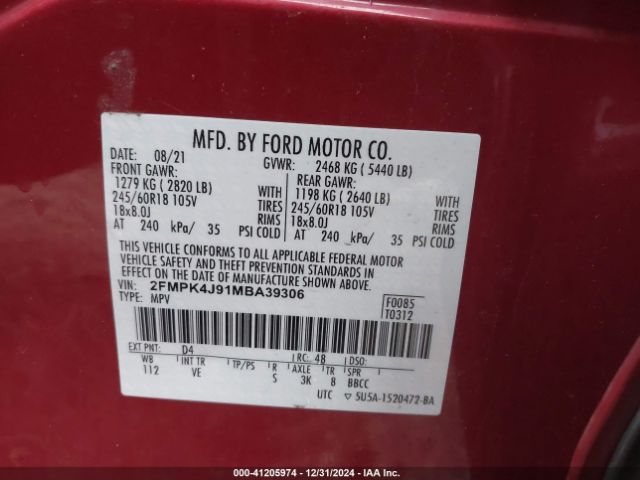 2FMPK4J91MBA39306 Ford EDGE SEL