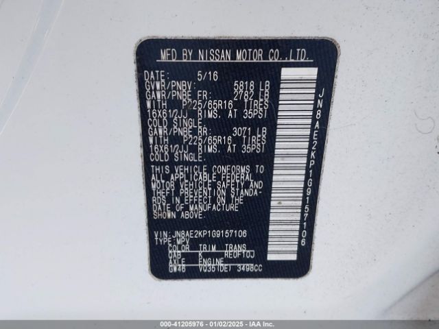JN8AE2KP1G9157106 Nissan QUEST S