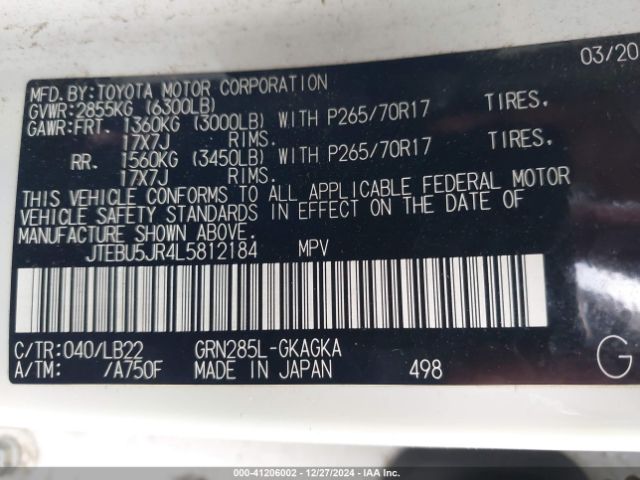 JTEBU5JR4L5812184 Toyota 4runner Sr5 Premium