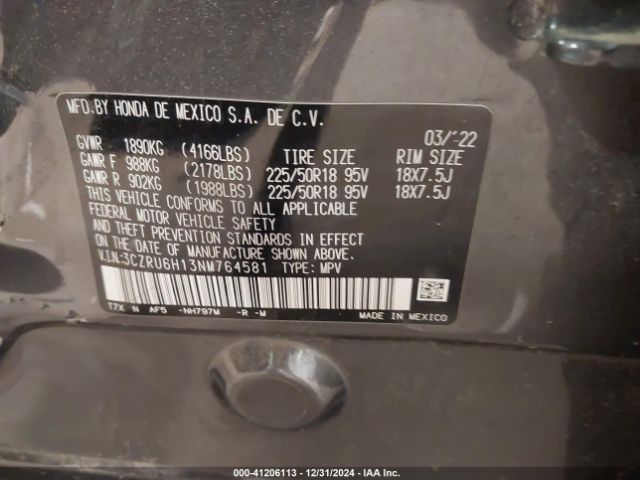 3CZRU6H13NM764581 Honda Hr-v Awd Sport