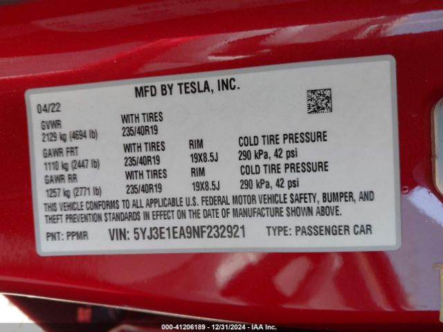 5YJ3E1EA9NF232921 Tesla Model 3 Rear-wheel Drive
