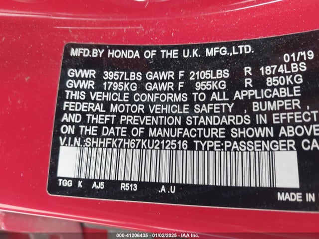 Honda CIVIC EX 2019 SHHFK7H67KU212516 Image 9