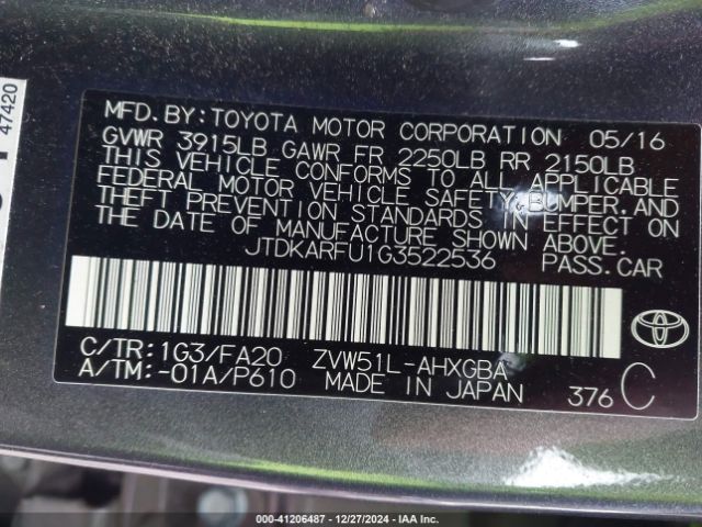 JTDKARFU1G3522536 Toyota Prius Three