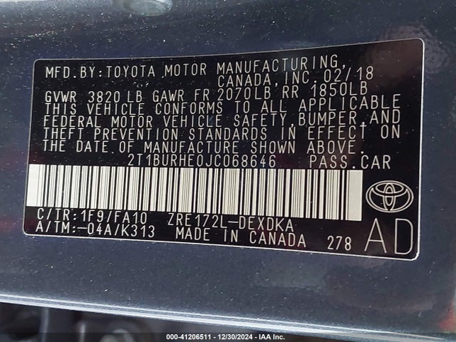 2T1BURHE0JC068646 Toyota COROLLA L