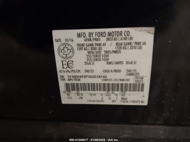1FM5K8F87GGD18142 Ford Explorer Limited