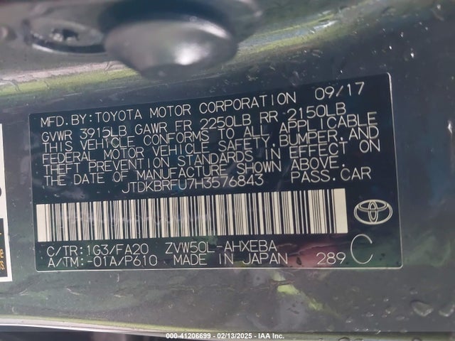 JTDKBRFU7H3576843 Toyota Prius Two
