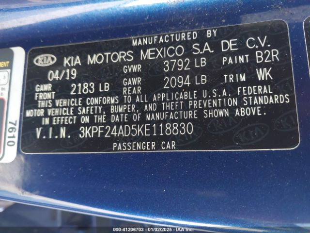 3KPF24AD5KE118830 KIA Forte Lxs