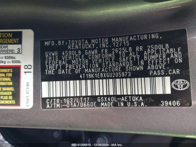 4T1BK1EBXGU205973 Toyota Avalon Touring