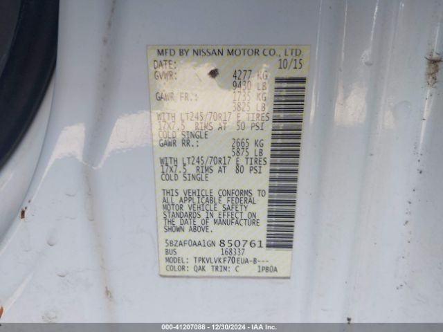 5BZAF0AA1GN850761 Nissan Nv Passenger Nv3500 Hd Sl V8