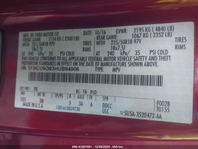 1FMCU9G93HUB94906 Ford ESCAPE SE