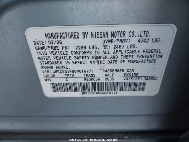 Aukcja sprzedaży 2006 Infiniti G35x, vin: JNKCV51F86M616771, numer aukcji: 41207219