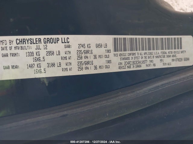 2012 Chrysler Town & Country Touring მანქანა იყიდება აუქციონზე, vin: 2C4RC1BG3CR410977, აუქციონის ნომერი: 41207286