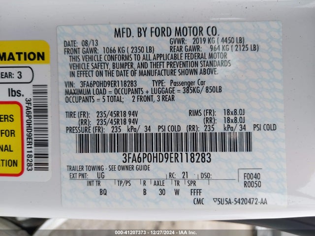 Ford FUSION SE 2014 3FA6P0HD9ER118283 Image 9