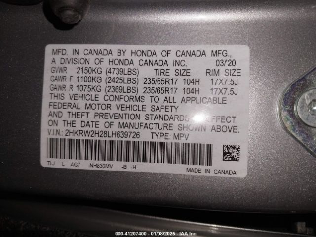 2HKRW2H28LH639726 Honda Cr-v Awd Lx