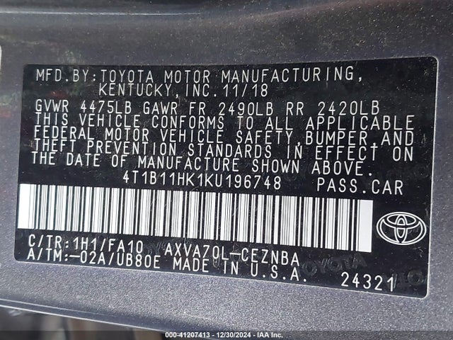 4T1B11HK1KU196748 Toyota CAMRY LE