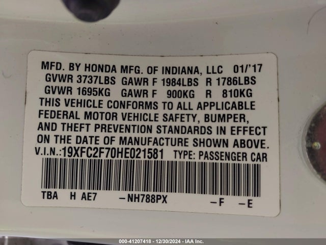 Honda CIVIC EX 2017 19XFC2F70HE021581 Image 9